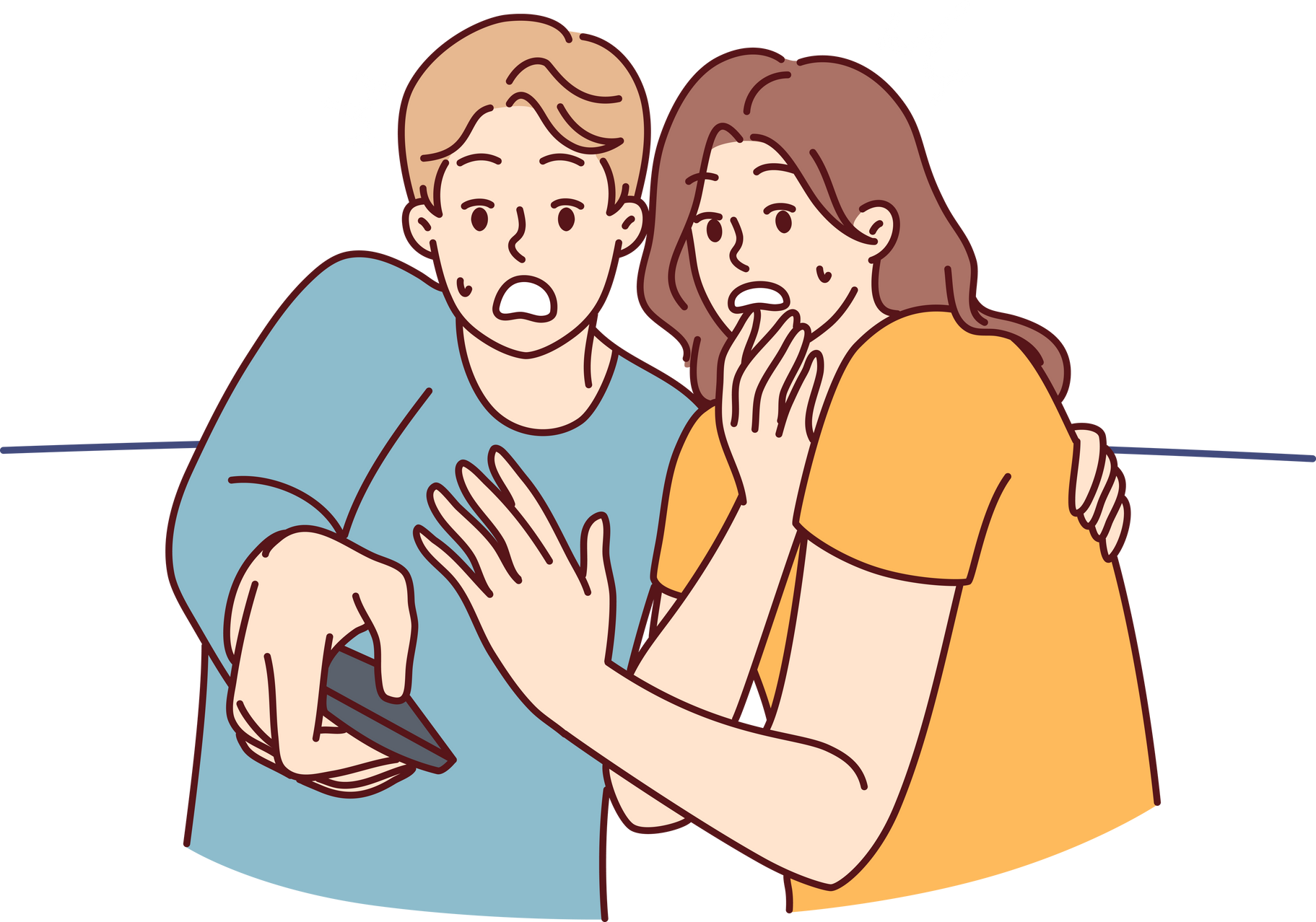 Frightened man and woman with TV remote control are shocked after watching scary movie